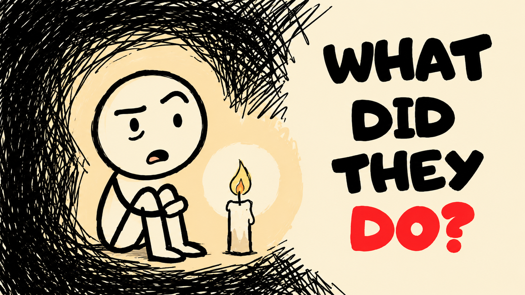 Our curious mascot beside a candle in scribbled darkness. What did they do?
